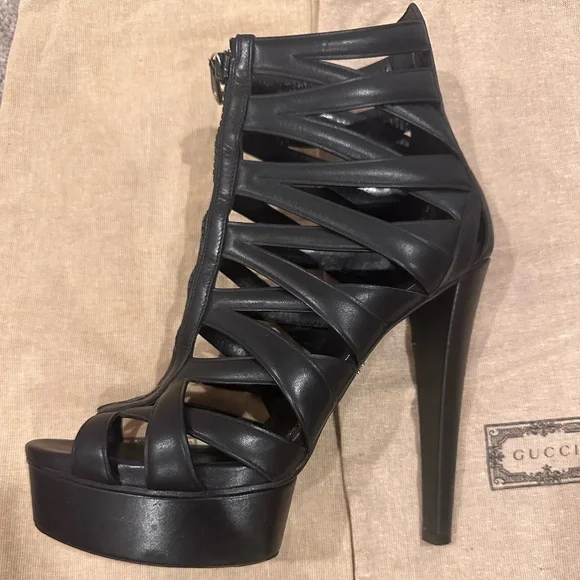 PRE-LOVED GUCCI Women's Calfskin LIFFORD Cage Platform Sandals 6" Heels - Picture 1 of 15